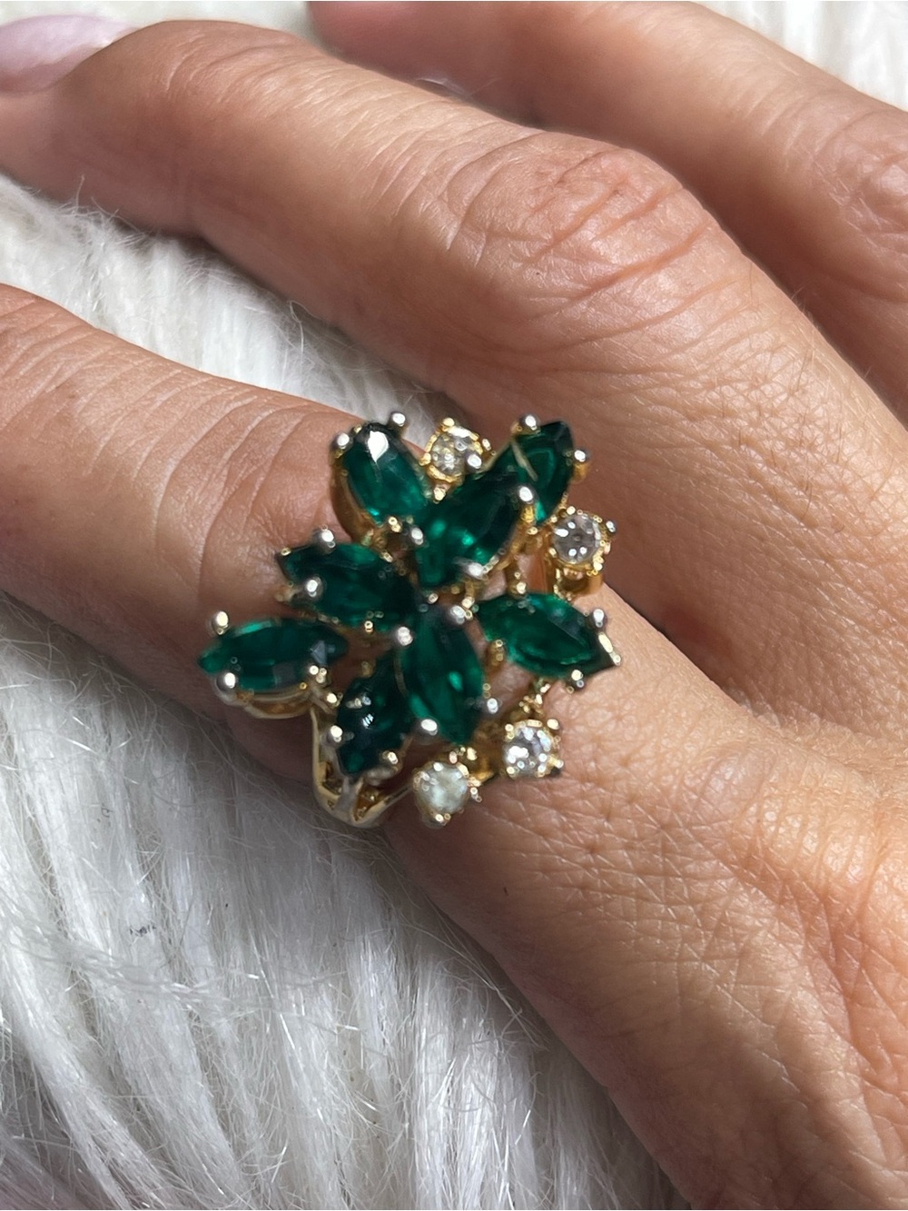 Gold Ring with Emerald Green Marquise Stones and Clear Accents